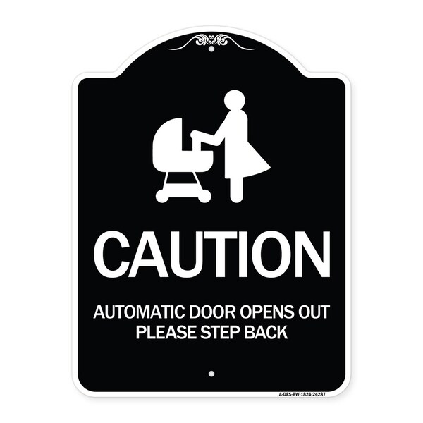 Caution Automatic Door Opens Out Please Step Back Heavy-Gauge Alum Sign, 24" x 18", BW-1824-24287